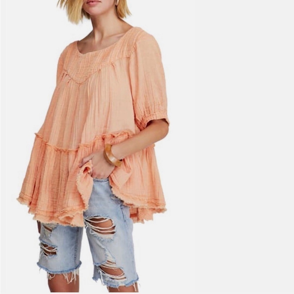 Free People Mystery Land Peach Smocked Tiered Boho Tunic Dress Size M